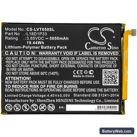 Lenovo Tab V7 Replacement Battery, 3.85V, 5050mAh, Li-Polymer 3