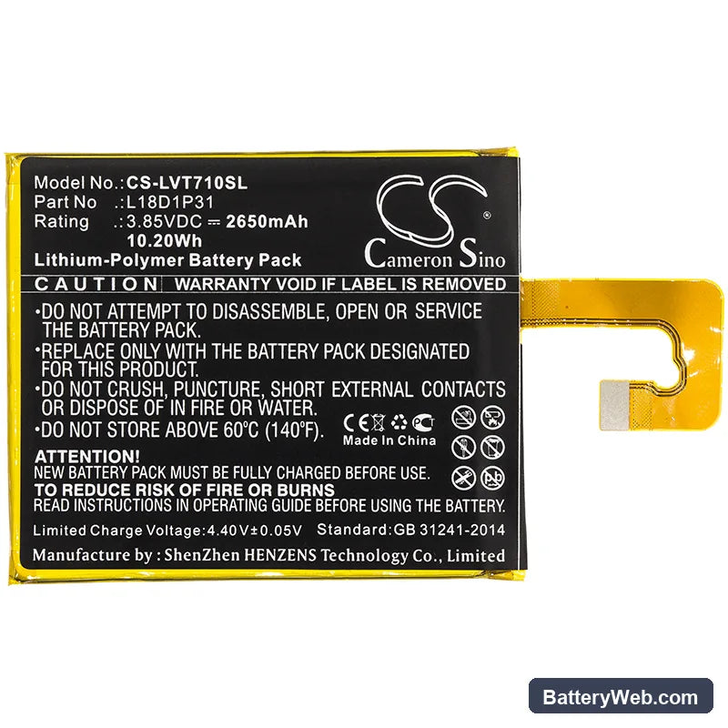 Lenovo TAB E7 Replacement Battery, 3.85V, 2650mAh, Li-Polymer 3
