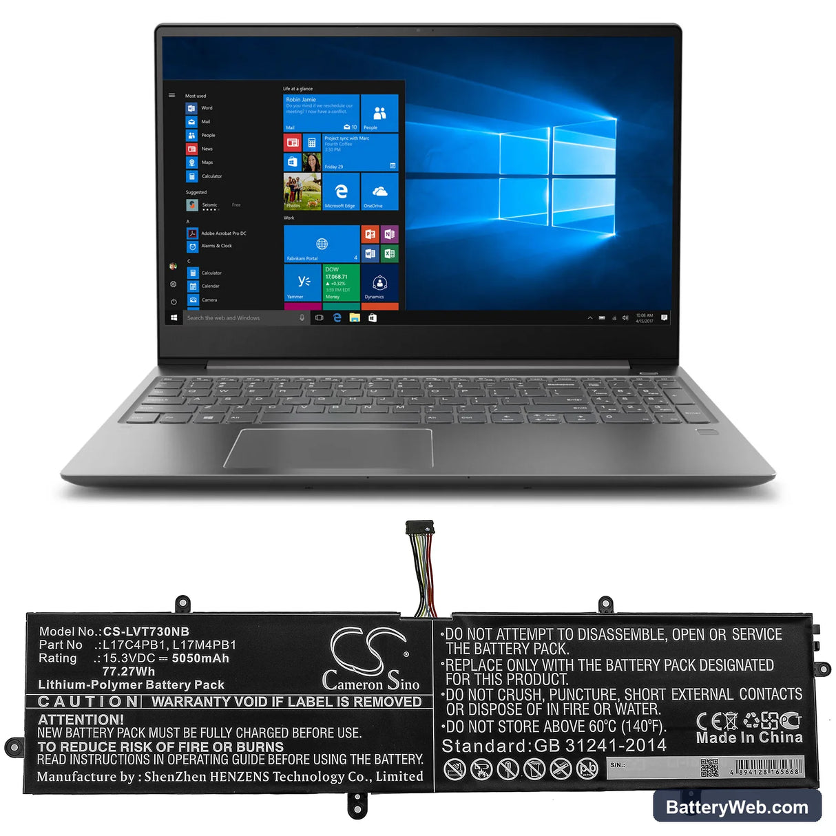 Lenovo IdeaPad 720S-15IKB(81AC) Replacement Battery, 15.3V, 5050mAh, Li-Polymer 5