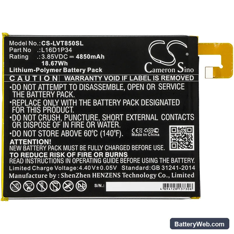 Lenovo Tab 4 Replacement Battery, 3.85V, 4850mAh, Li-Polymer 3