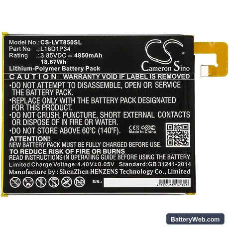Lenovo Tab 4 Replacement Battery, 3.85V, 4850mAh, Li-Polymer 3