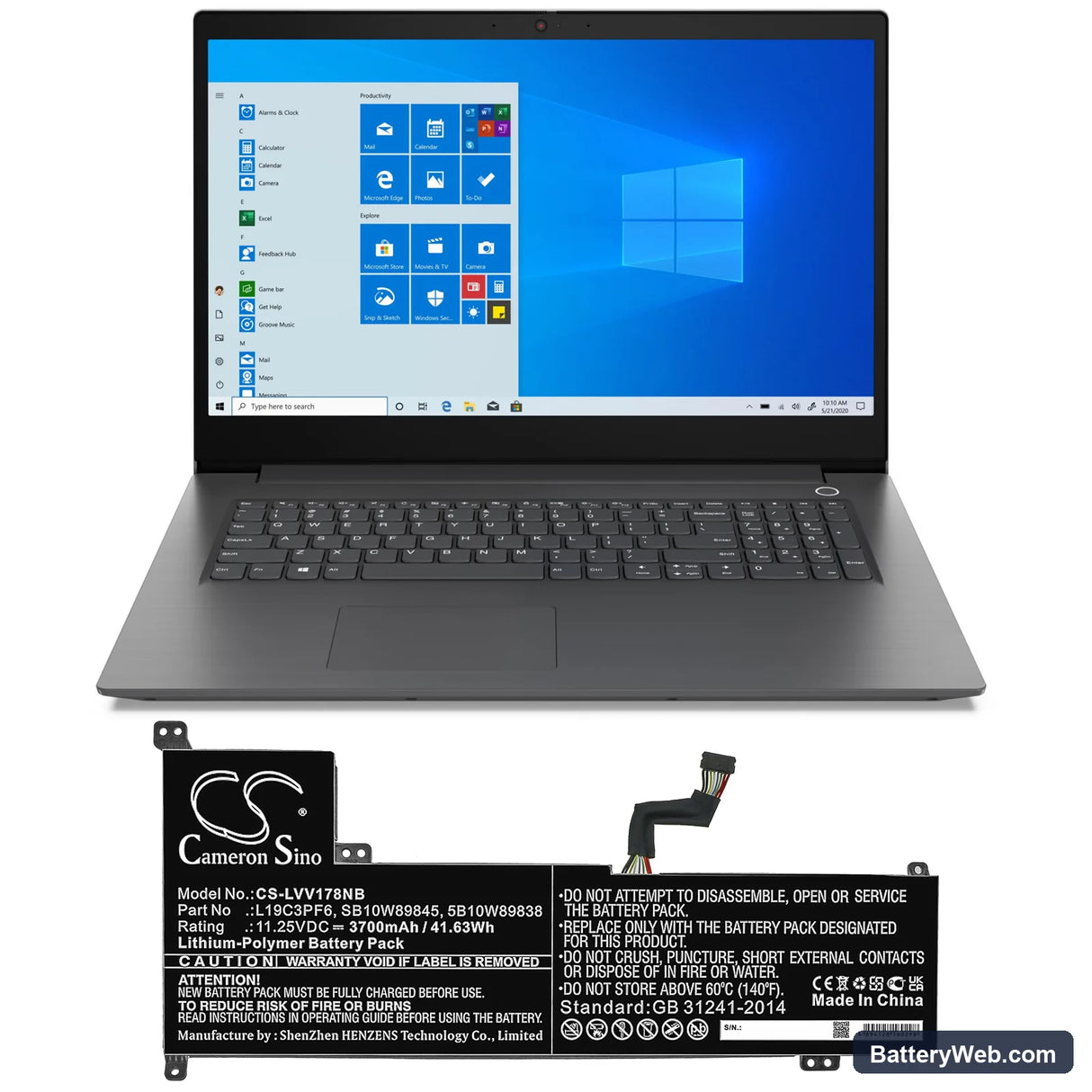 Lenovo V17-IIL (82GX) Replacement Battery, 11.25V, 3700mAh, Li-Polymer 5