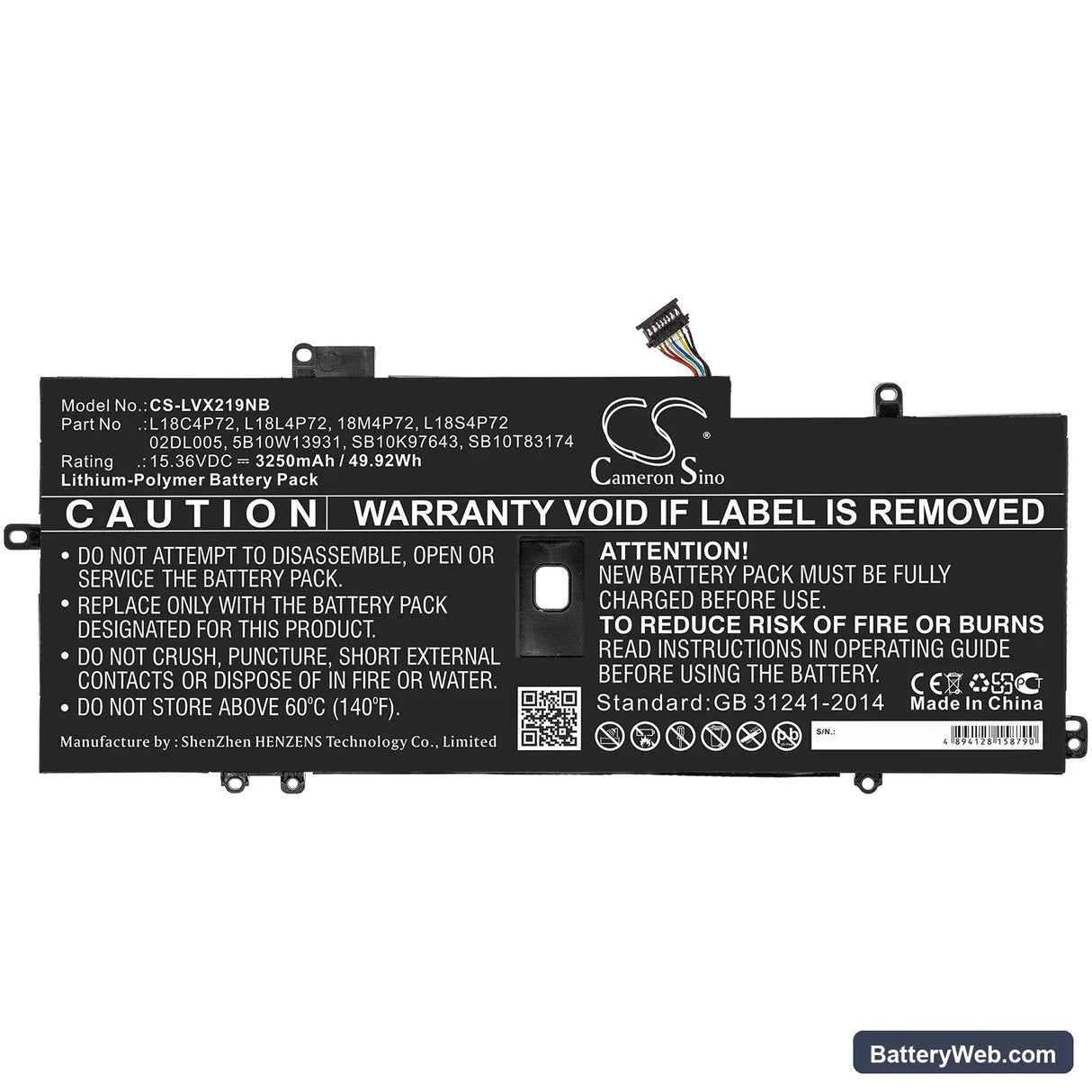 Lenovo ThinkPad X1 Carbon 2019 Replacement Battery, 15.36V, 3250mAh, Li-Polymer 3