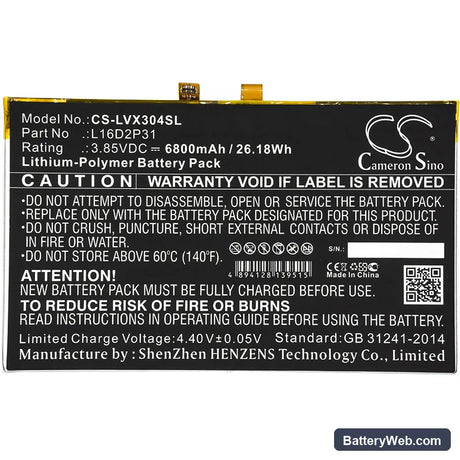 Lenovo Tab 4 10 Replacement Battery, 3.85V, 6800mAh, Li-Polymer 3