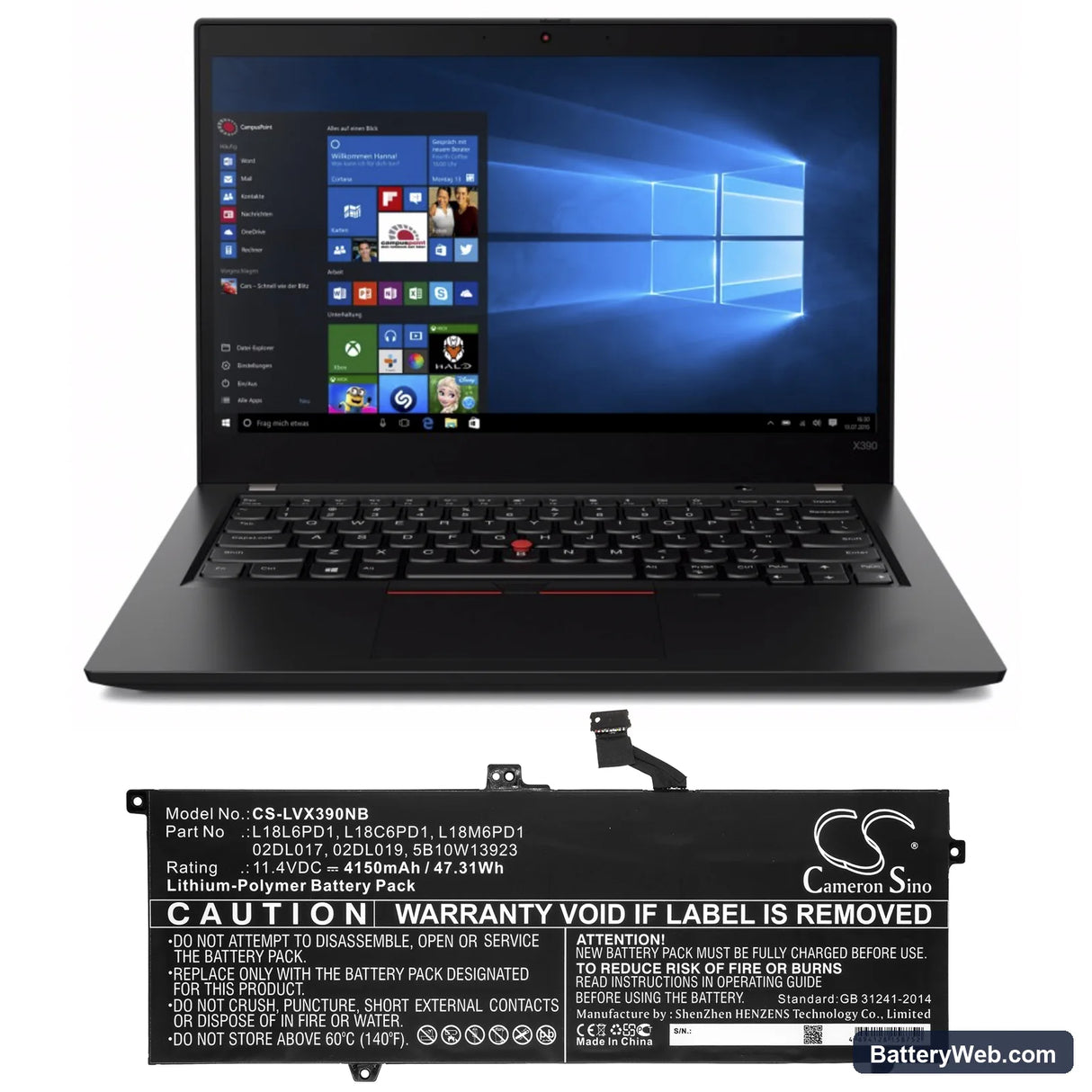 Lenovo ThinkPad X390 20Q0A00GCD Replacement Battery, 11.4V, 4150mAh, Li-Polymer 5