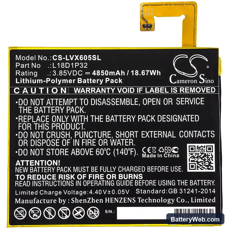 Lenovo Smart Tab M10 Replacement Battery, 3.85V, 4850mAh, Li-Polymer 3