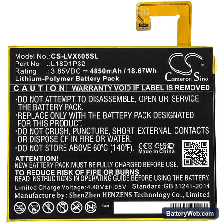 Lenovo Smart Tab M10 Replacement Battery, 3.85V, 4850mAh, Li-Polymer 3