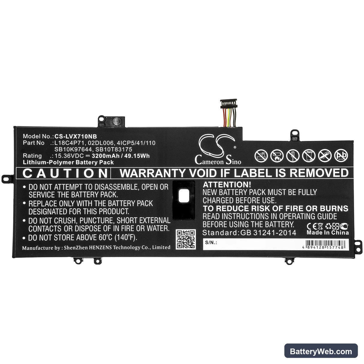 Lenovo ThinkPad X1 Carbon 2019 Replacement Battery, 15.36V, 3200mAh, Li-Polymer 3