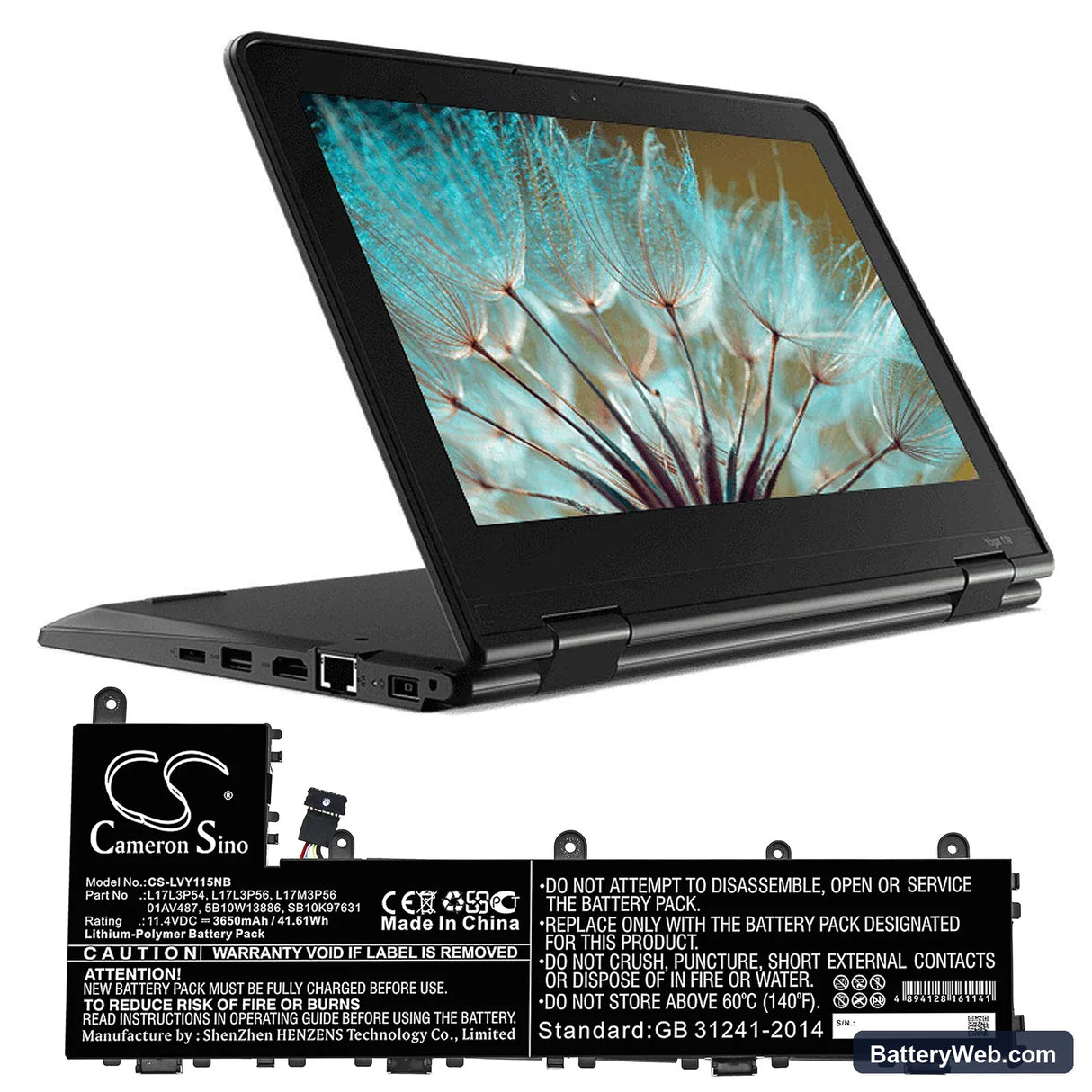 Lenovo Yoga 11E 5th Replacement Battery, 11.4V, 3650mAh, Li-Polymer 5