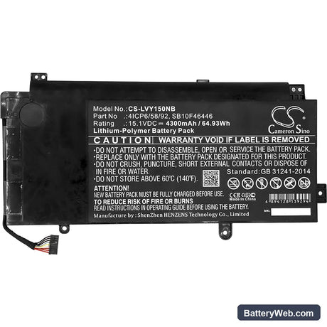 Lenovo ThinkPad Yoga 15 Replacement Battery, 15.1V, 4300mAh, Li-Polymer 3