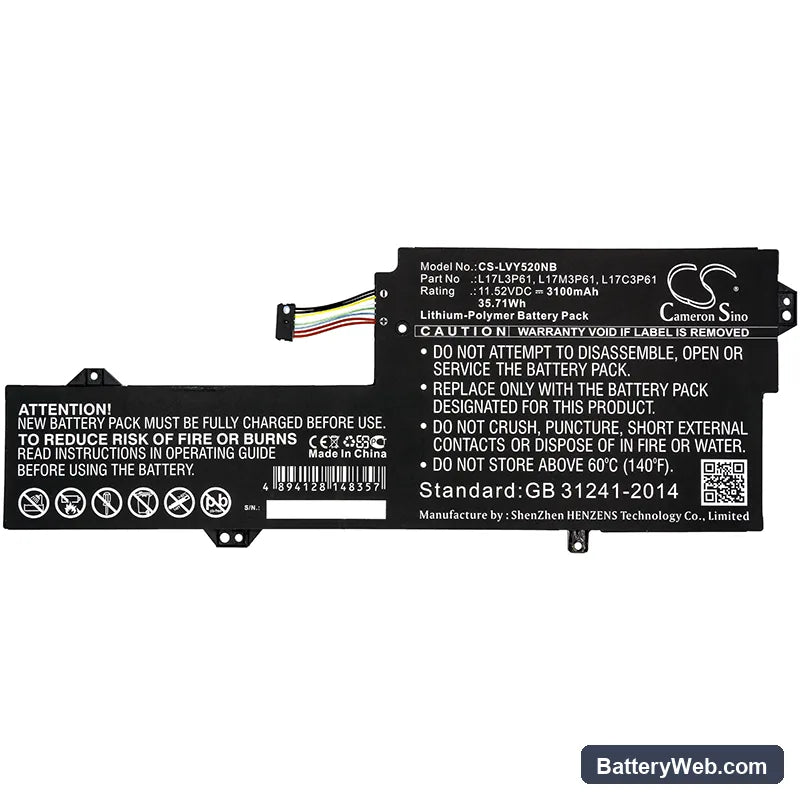 Lenovo Yoga 520-12 Replacement Battery, 11.52V, 3100mAh, Li-Polymer 3