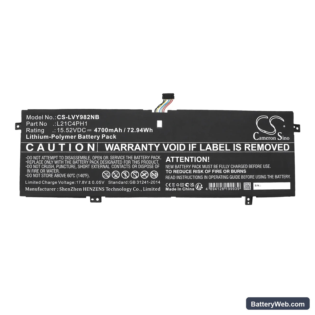 Lenovo Yoga Slim 9 14IAP7 82T0001ETA Replacement Battery, 15.52V, 4700mAh, Li-Polymer 3