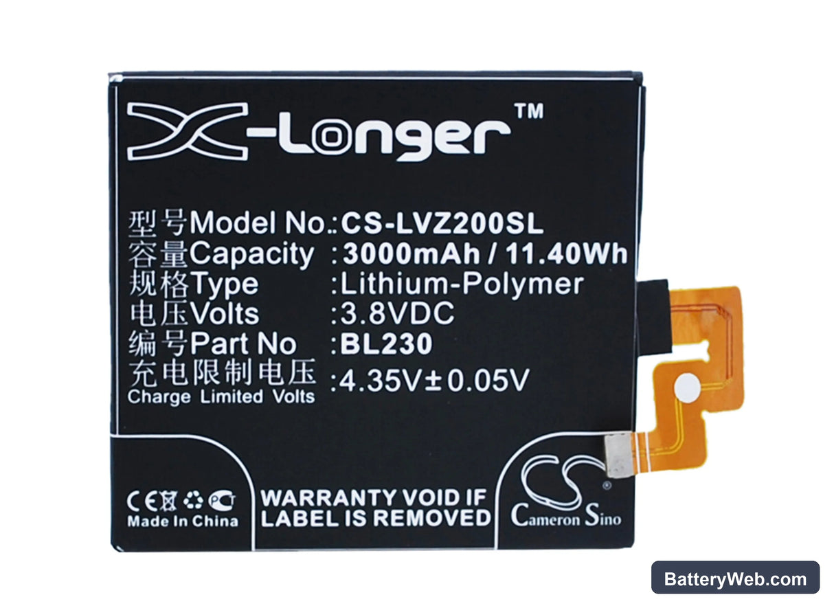 Lenovo VIBE Z2 Replacement Battery, 3.8V, 3000mAh, Li-Polymer 5