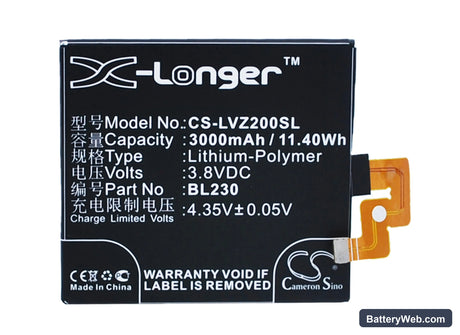 Lenovo VIBE Z2 Replacement Battery, 3.8V, 3000mAh, Li-Polymer 5