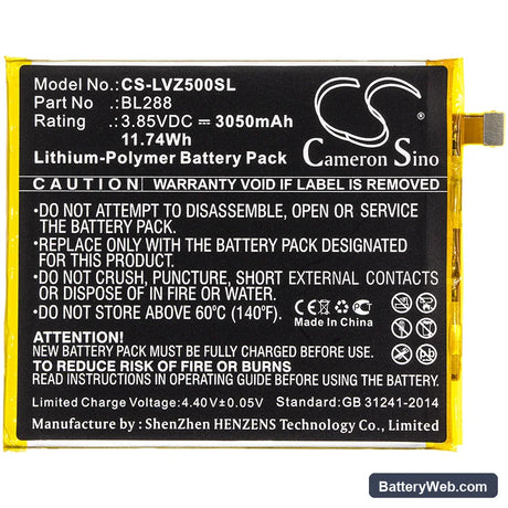 Lenovo Zuk Z5 Replacement Battery, 3.85V, 3050mAh, Li-Polymer 3