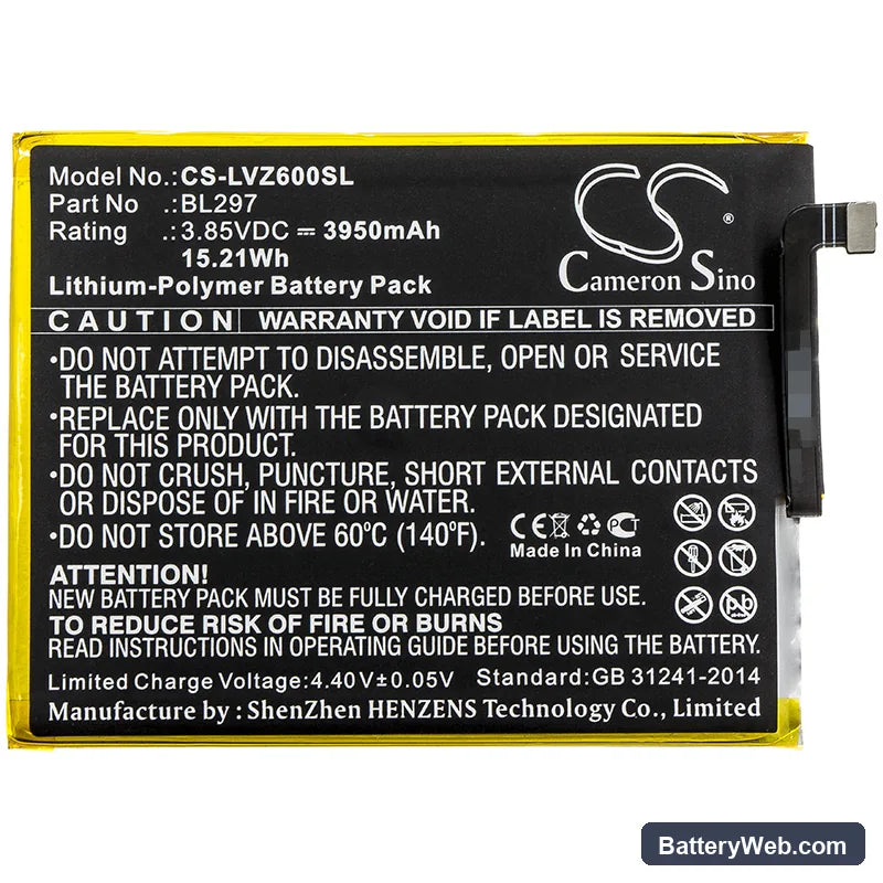 Lenovo Z6 Youth Replacement Battery, 3.85V, 3950mAh, Li-Polymer 3