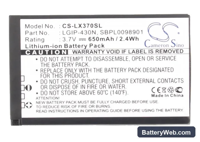 LG LX370 Replacement Battery, 3.7V, 650mAh, Li-ion 5