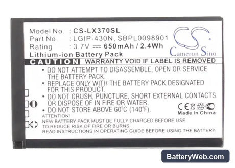 LG LX370 Replacement Battery, 3.7V, 650mAh, Li-ion 5