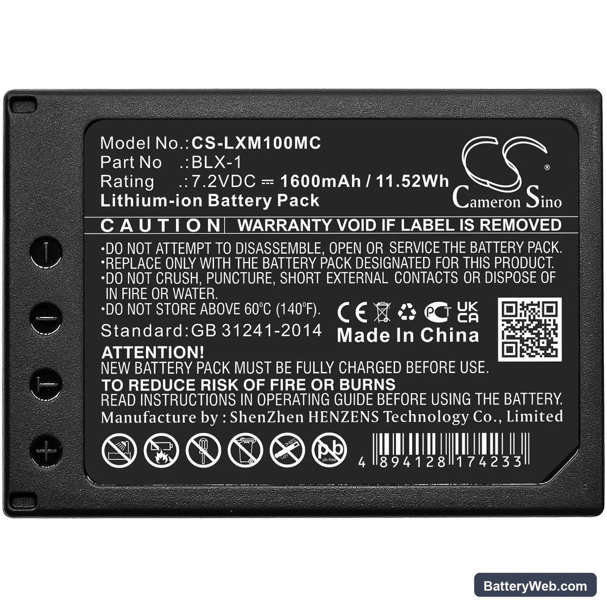 Olympus OM SYSTEM OM-1 Replacement Battery, 7.2V, 1600mAh, Li-ion 3