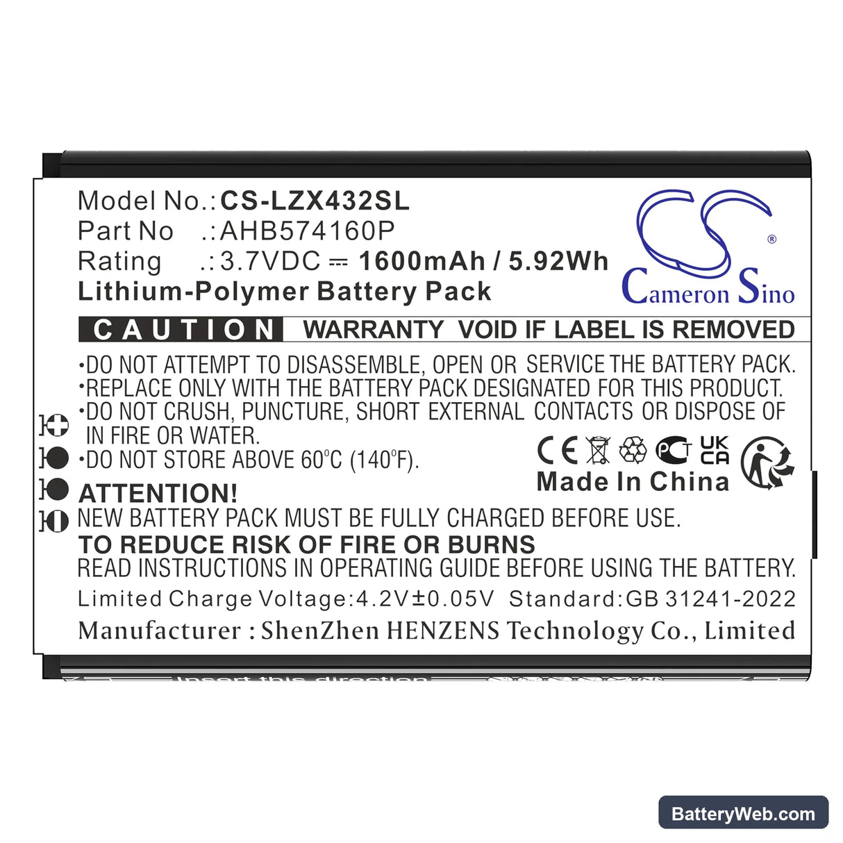 Launch X431 Replacement Battery, 3.7V, 1600mAh, Li-Polymer 3
