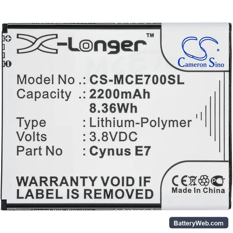 Mobistel Cynus E7 Replacement Battery, 3.8V, 2200mAh, Li-Polymer 3