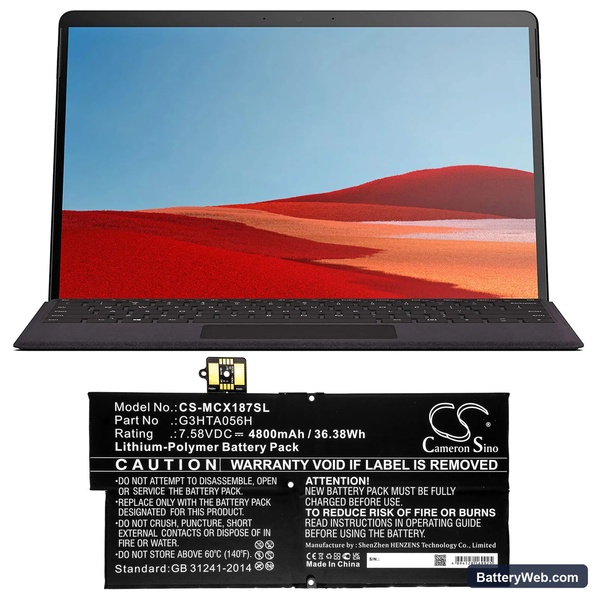 Microsoft Surface Pro X 1876 Replacement Battery, 7.58V, 4800mAh, Li-Polymer 5