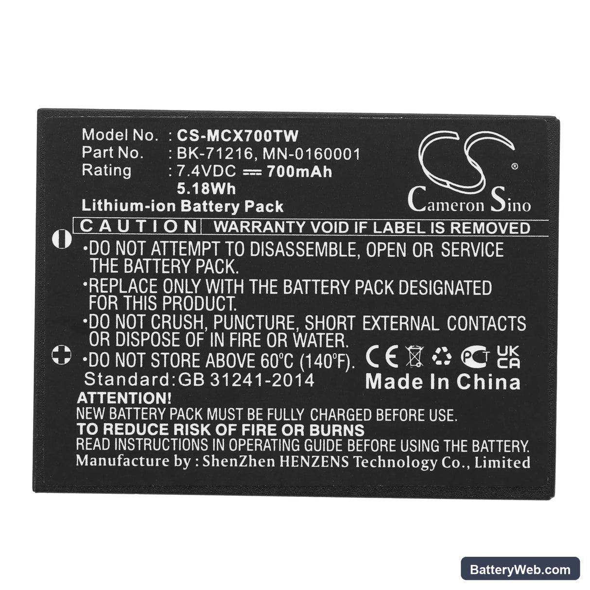 Cobra LI3900 Replacement Battery, 7.4V, 700mAh, Li-ion 3