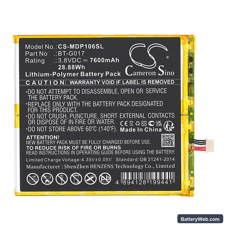 Medion Lifetab P10602 Replacement Battery, 3.8V, 7600mAh, Li-Polymer 3