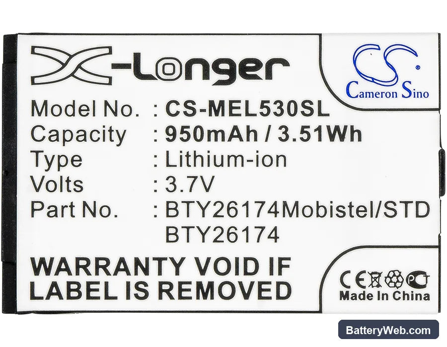 Mobistel EL530 Replacement Battery, 3.7V, 950mAh, Li-ion 5