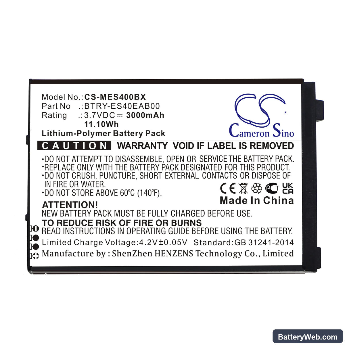 Symbol ES400 Replacement Battery, 3.7V, 3000mAh, Li-Polymer 3