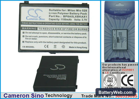 Mitac Mio 528 Replacement Battery, 3.7V, 1100mAh, Li-Polymer 1