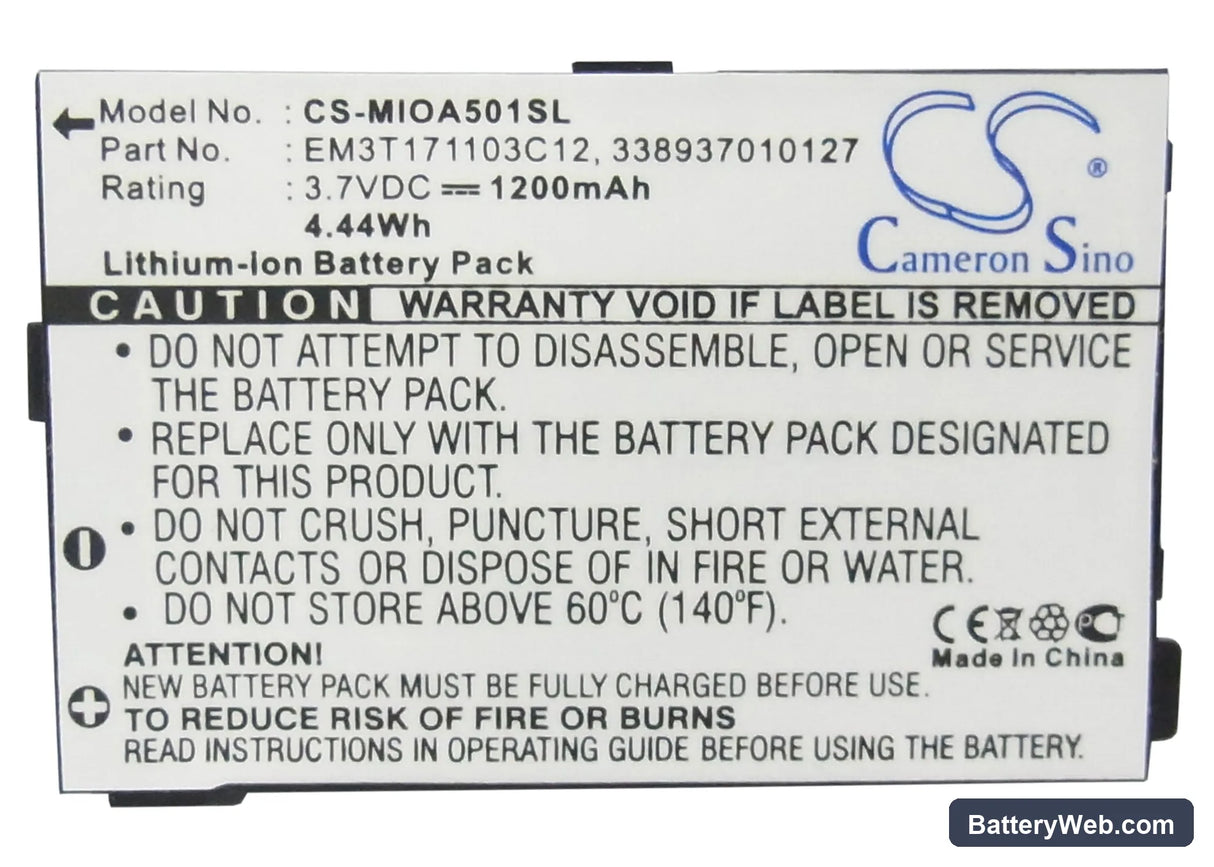 Mitac Mio A500 Replacement Battery, 3.7V, 1200mAh, Li-ion 5