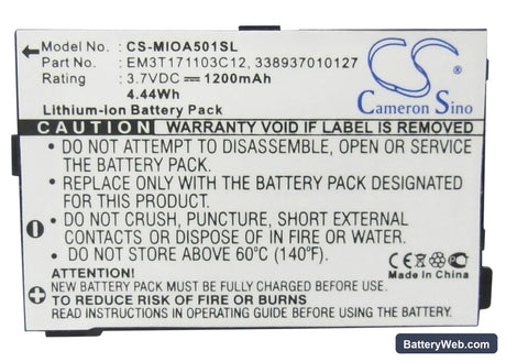 Mitac Mio A500 Replacement Battery, 3.7V, 1200mAh, Li-ion 5