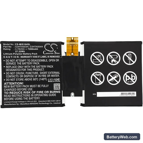 Microsoft Surface 3 10.8" Replacement Battery, 3.78V, 7200mAh, Li-Polymer 3