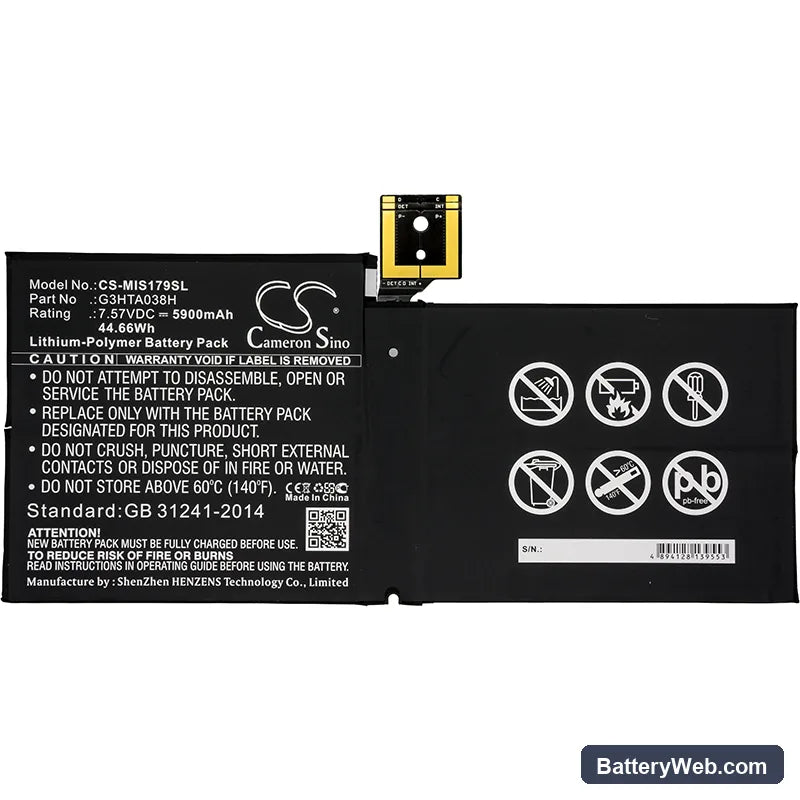 Microsoft Surface Pro 6 1807 Replacement Battery, 7.57V, 5900mAh, Li-Polymer 3