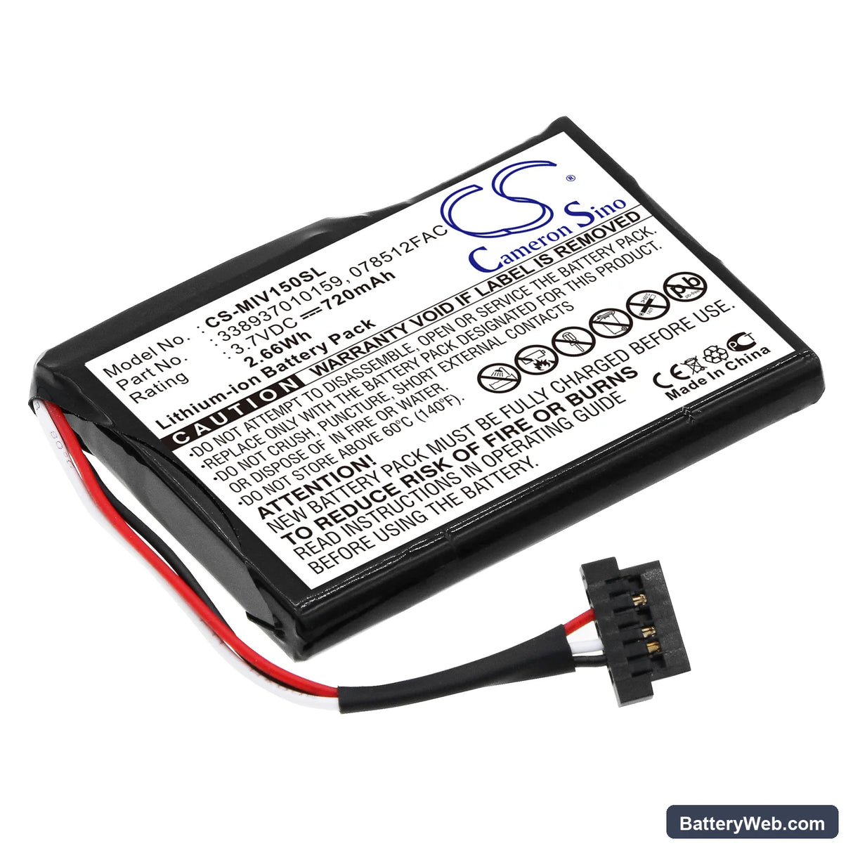 Mitac Mio Moov 150 Replacement Battery, 3.7V, 720mAh, Li-ion 1