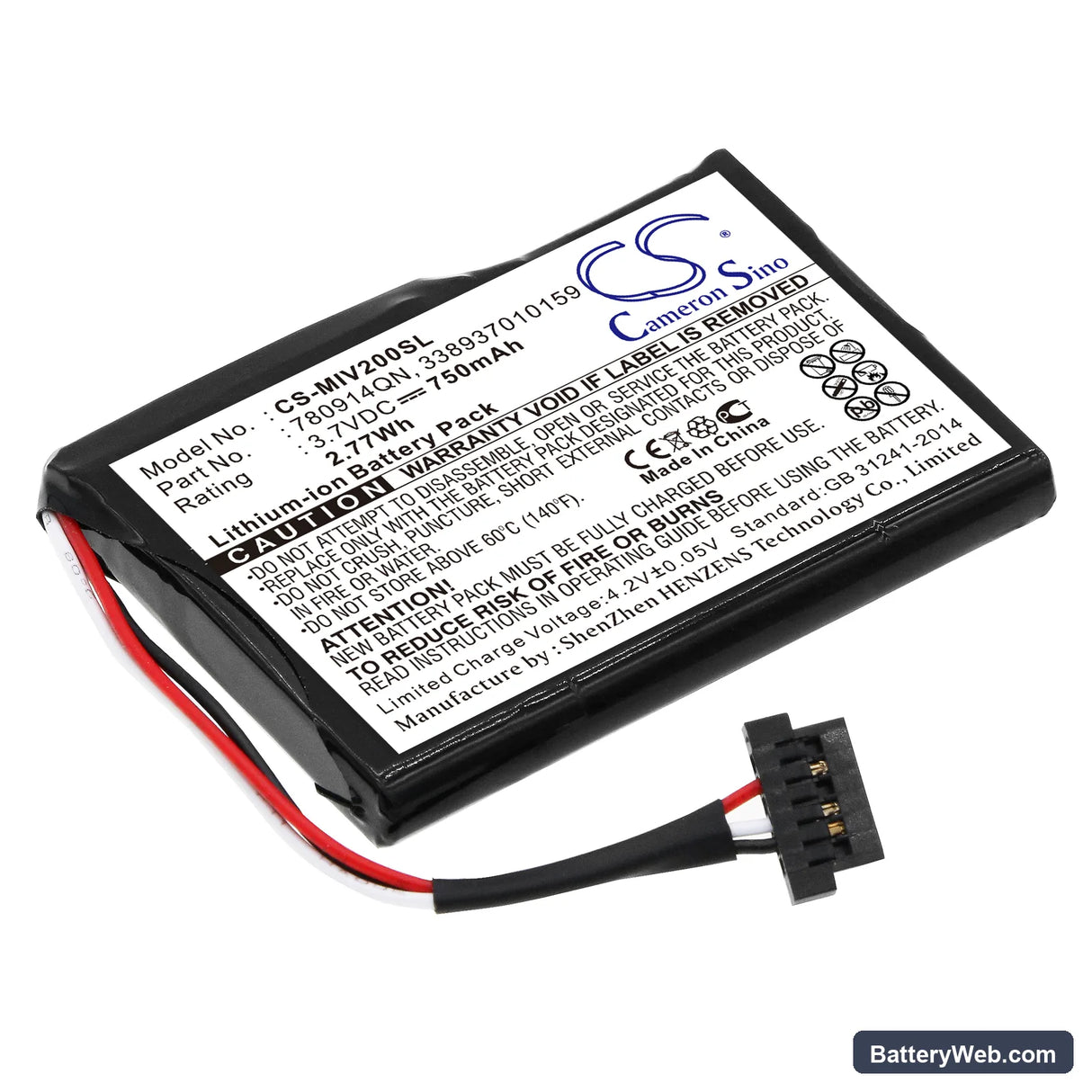 Mitac Mio Moov 200 Replacement Battery, 3.7V, 750mAh, Li-ion 1