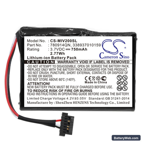 Mitac Mio Moov 200 Replacement Battery, 3.7V, 750mAh, Li-ion 3
