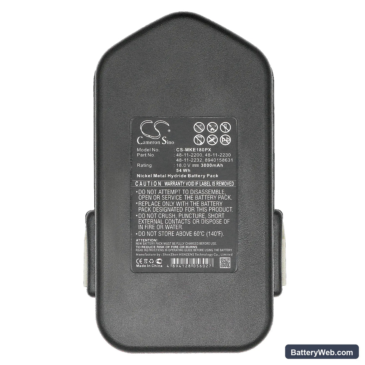 Milwaukee 0521-20 Replacement Battery, 18V, 3000mAh, Ni-MH 5