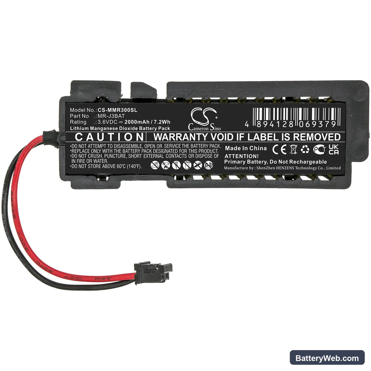 Mitsubishi MelServo MR-J3 Replacement Battery, 3.6V, 2000mAh, Li-MnO2 3