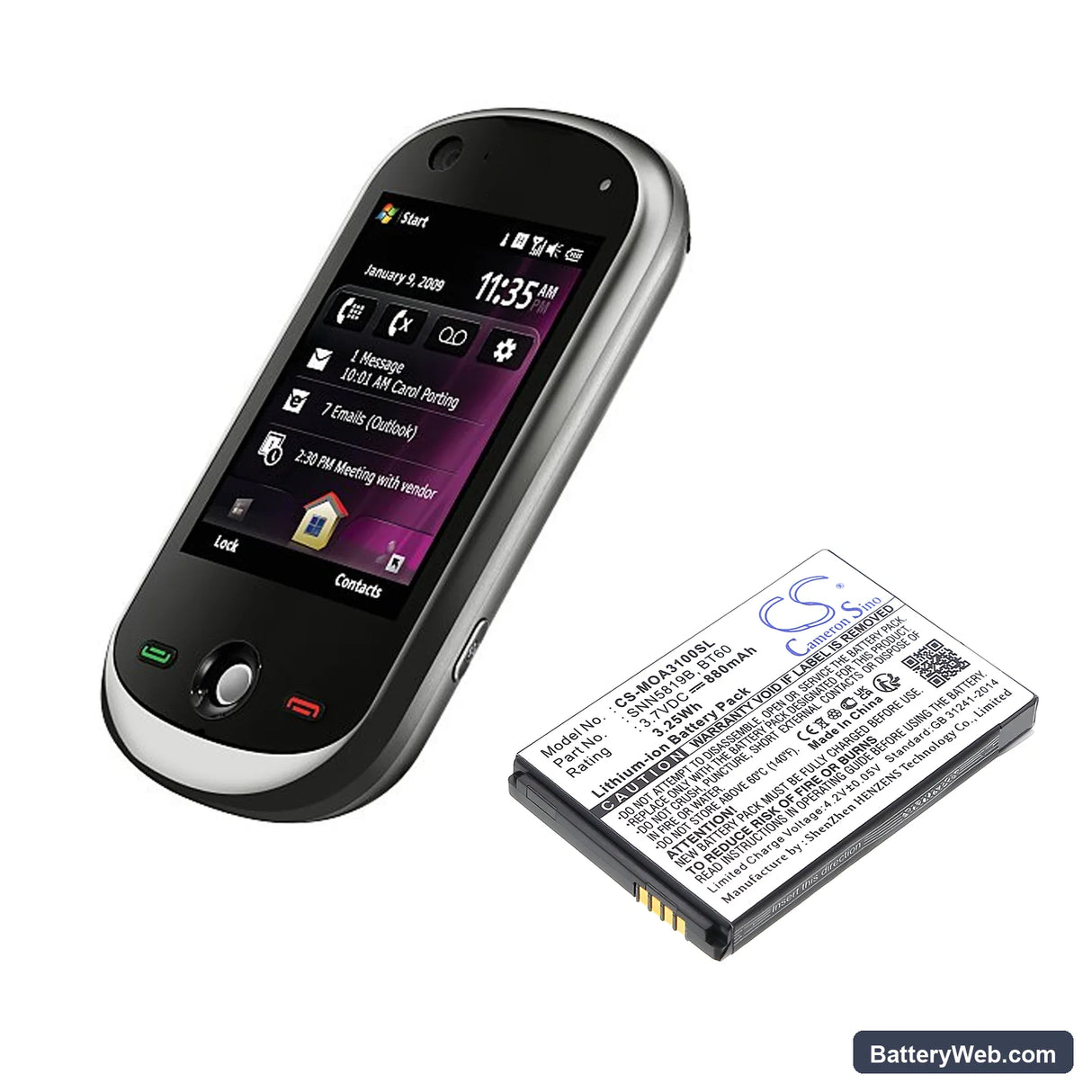 Motorola K1m Replacement Battery, 3.7V, 880mAh, Li-ion 6
