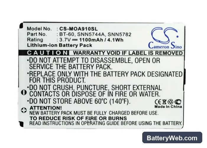 Motorola A910 Replacement Battery, 3.7V, 1100mAh, Li-ion 5
