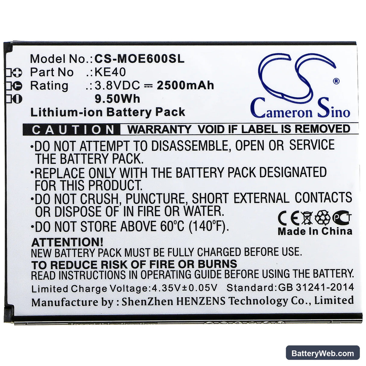 Motorola Moto E6 Replacement Battery, 3.8V, 2500mAh, Li-ion 3