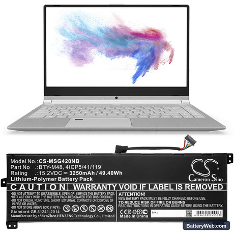 MSI PS42 8RC-027tw Replacement Battery, 15.2V, 3250mAh, Li-Polymer 5