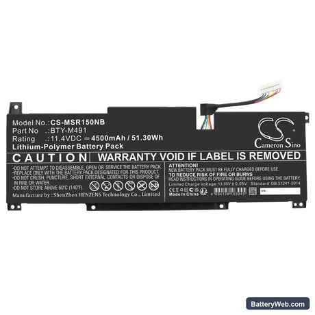 MSI Modern 15 A10M-296IN Replacement Battery, 11.4V, 4500mAh, Li-Polymer 3