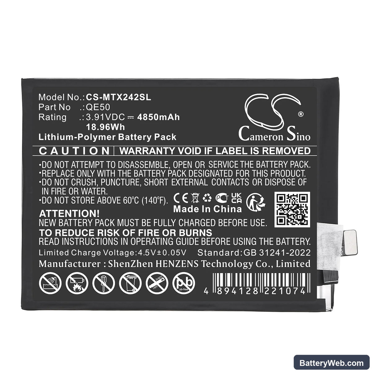 Motorola Moto G85 5G Replacement Battery, 3.91V, 4850mAh, Li-Polymer 3