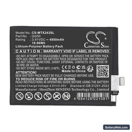 Motorola Moto G35 5G Replacement Battery, 3.91V, 4850mAh, Li-Polymer 3