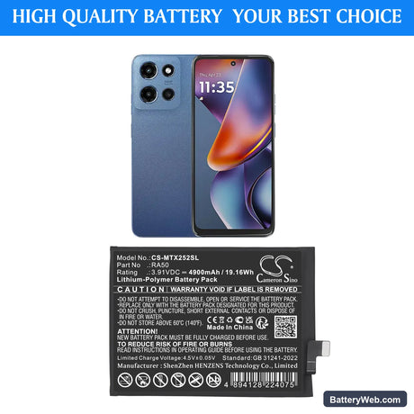 Motorola Moto G 5G 2025 Replacement Battery, 3.91V, 4900mAh, Li-Polymer 5