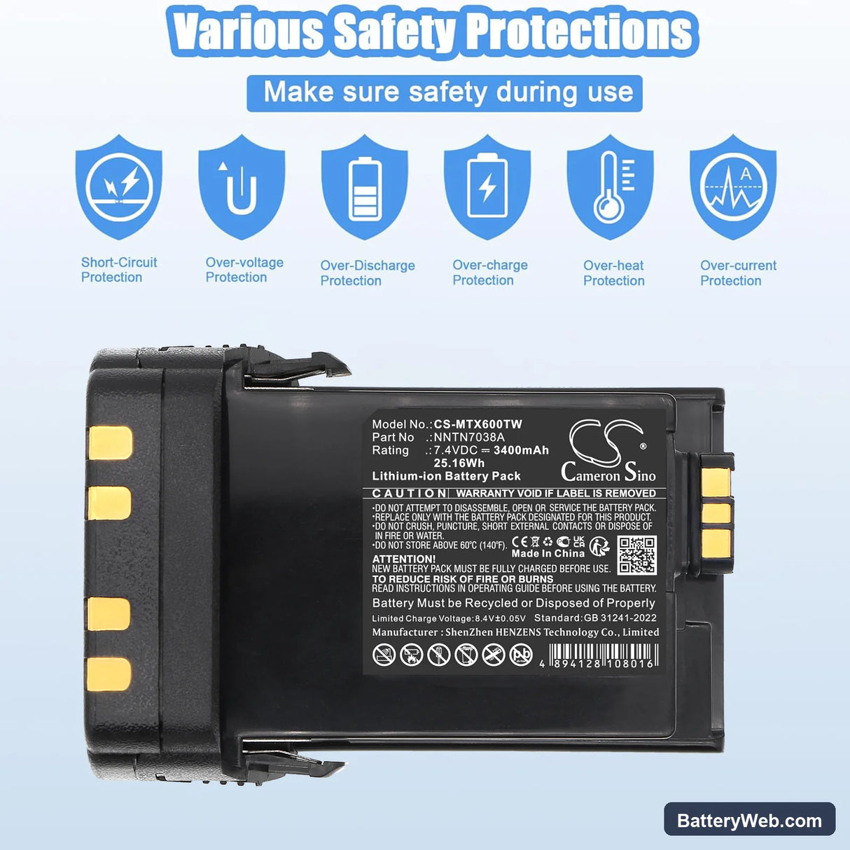Motorola APX7000 Replacement Battery, 7.4V, 2500mAh, Li-ion 6