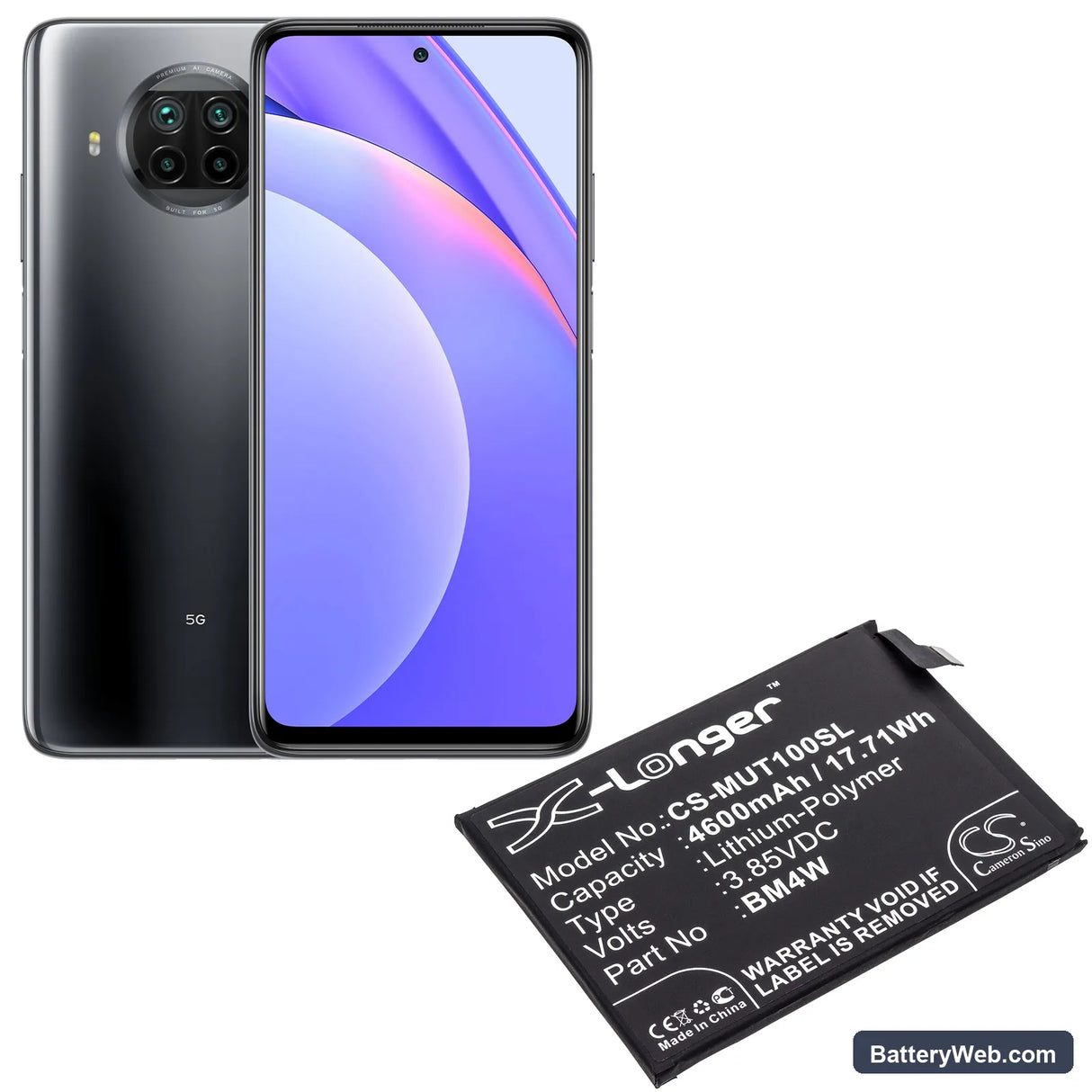 Xiaomi Mi 10T Lite 5G Replacement Battery, 3.85V, 4600mAh, Li-Polymer 5